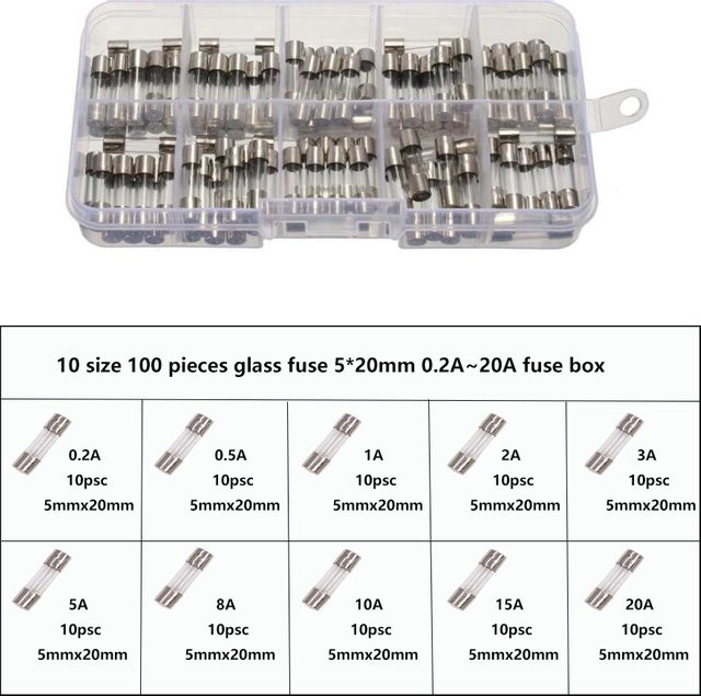 YUEQINGLIAOWANG 100-teiliges Glasrohr-Sicherungsset, transparent, 5x20mm, Schnellsicherungen von 0,2A bis 20A - Bild 1