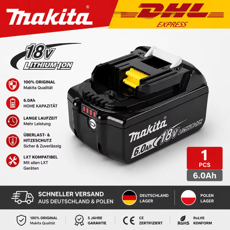Original Makita 18V 6,0Ah Lithium-Ionen-Akku BL1860B in Schwarz für Makita LXT Akku-Werkzeuge - Bild 7