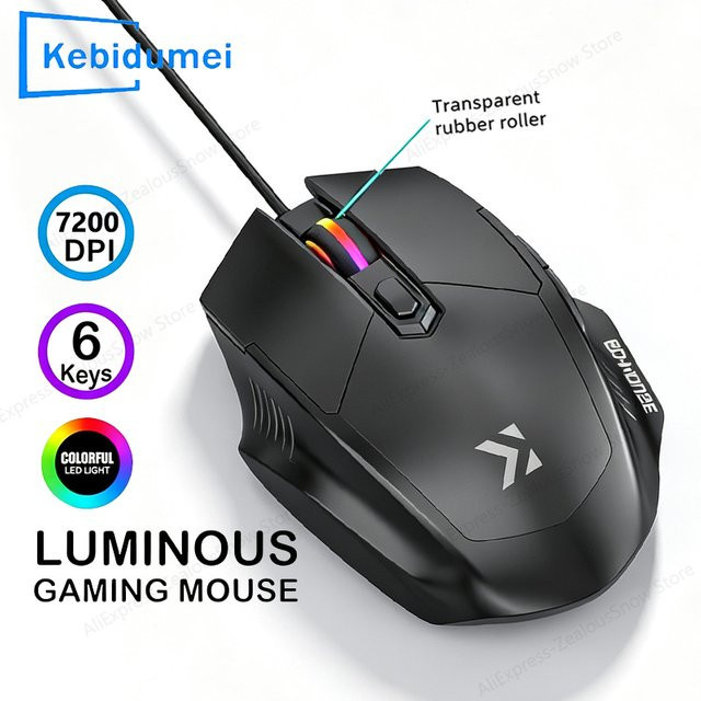 Kebidumei 6D Gaming-Maus mit RGB-Lichteffekt, ergonomische USB-Maus für E-Sport und Laptop, Schwarz, 1200-7200 DPI - Bild 1
