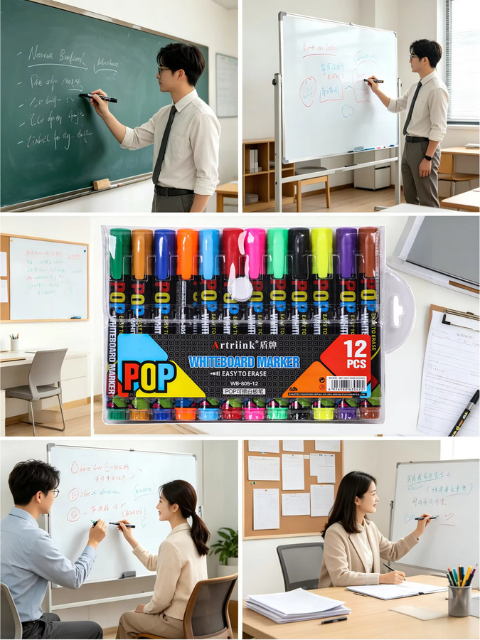 Whiteboard-Marker-Set mit 12 Farben, abwischbare und nachfüllbare Marker mit Bullet-Spitze für Büro und Bildung - Bild 5