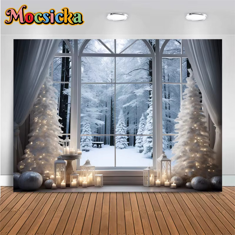 MOCSICKA Fotohintergrund Winterhaus mit Weihnachtsbaum und Schnee in Weiß für Studio-Fotografie und Innendekoration - Bild 3