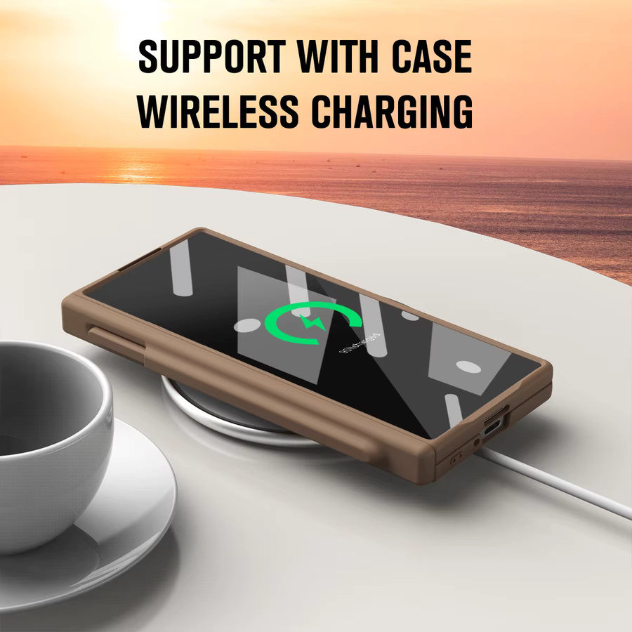 CHAOYIDIAN Magnetische Scharnier-Hülle für Samsung Galaxy Z Fold 7 6 5 mit Displayschutzfolie, S Pen Slot und kabellosem Laden, Matt PC-Hülle in Weiß oder Braun - Bild 4