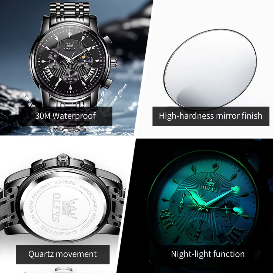 OLEVS Chronograph, Quarz, Edelstahl, Schwarz, Herren - Bild 2