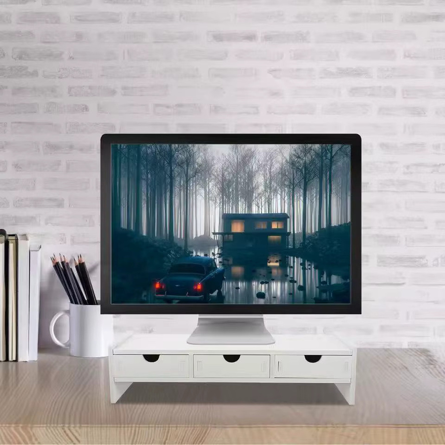 Ergonomischer halbkreisförmiger Schreibtisch-Organizer mit 3 Schubladen als Monitor- und Laptop-Ständer in Weiß - Bild 3