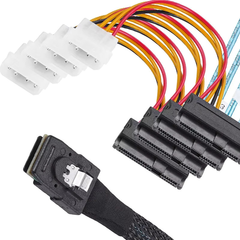BSN Mini-SAS-Kabel SFF-8087 auf 4x SFF-8482 Power-Festplatten-Datenkabel, Schwarz - Bild 3