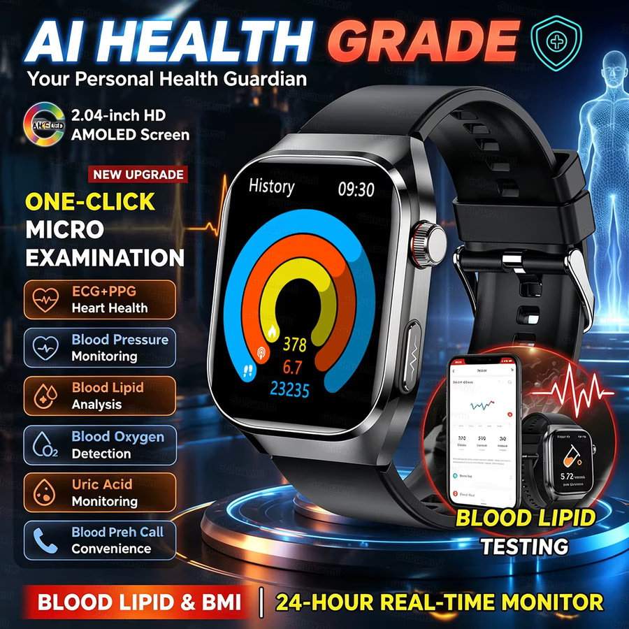 GUHUAVMI EKG-Smartwatch mit 2,04 Zoll AMOLED Display in Schwarz für Männer und Frauen mit Blutdruck-, Lipid- und Harnsäure-Tracking sowie IP68-Schutzklasse - Bild 8