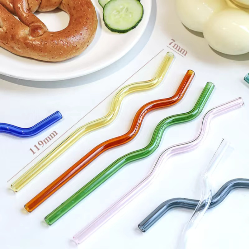 Wiederverwendbare Trinkhalme aus Borosilikatglas in Wellenform, bunt und transparent, Set mit 11 Stück - Bild 2