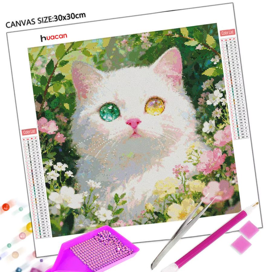 Huacan DIY-Diamantgemälde Katze und Blumen als dekorative Diamant-Stickerei mit Full Round Steinen - Bild 2