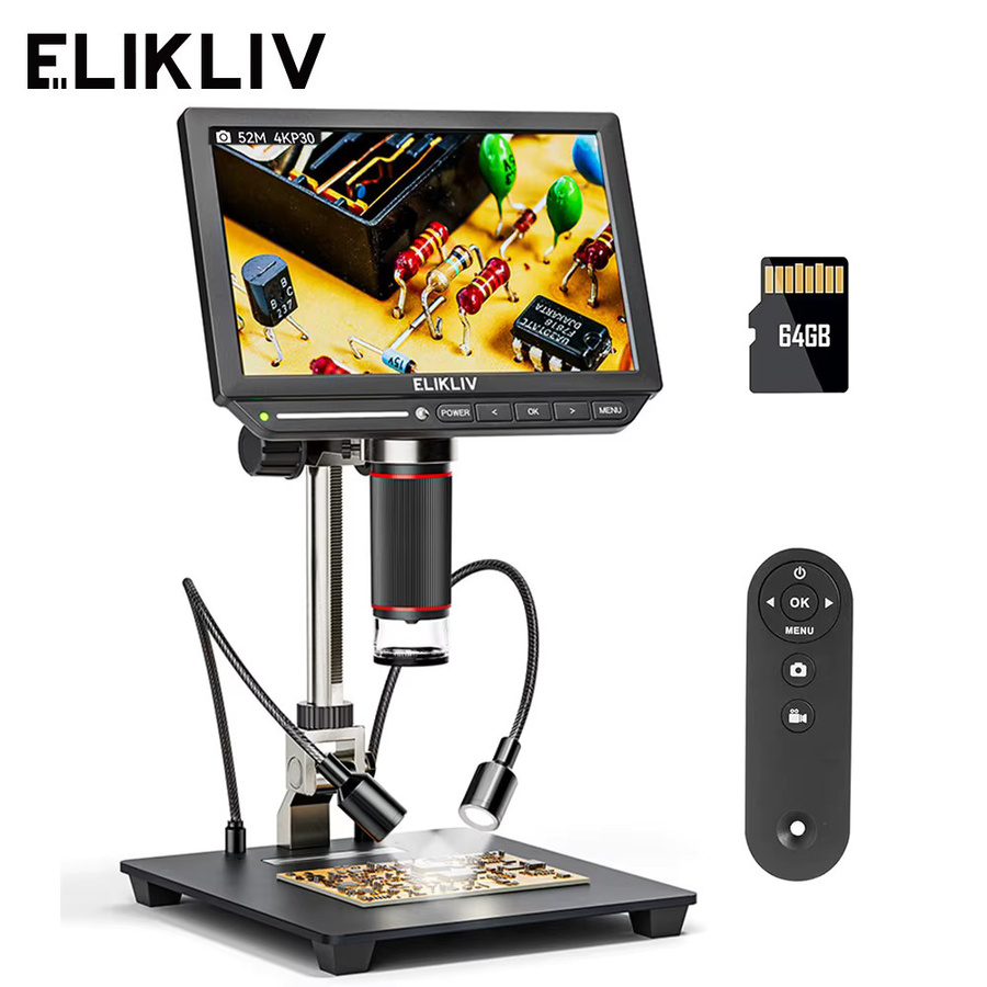 Elikliv EM4K 4K HDMI Digitalmikroskop mit 8 Zoll Display und 2000X Vergrößerung in Schwarz für PCB-Inspektion und Elektronikreparatur inklusive 10 Zoll Ständer - Bild 2