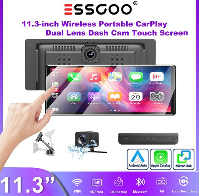 ESSGOO Tragbare 11.3 Zoll 4K CarPlay Anzeige mit Android Auto, Dashcam-Rekorder und Rückfahrkamera, Schwarz, mit GPS, WiFi, Bluetooth und Sprachsteuerung - Bild 1