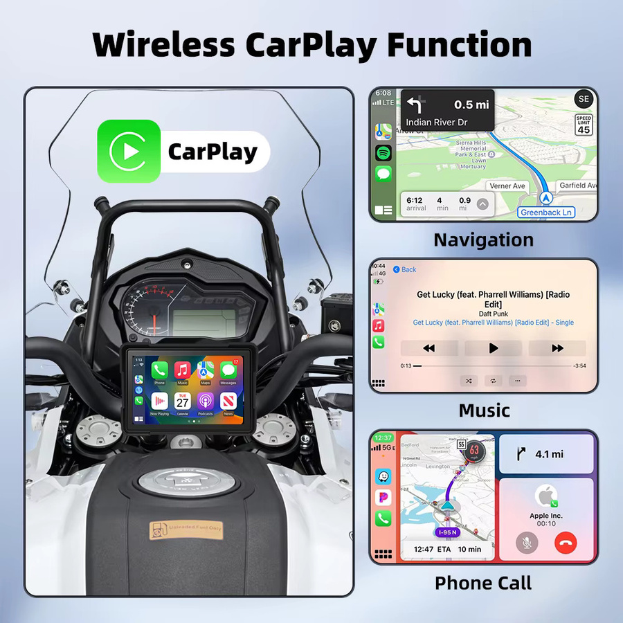 EKIY Tragbares Motorrad-Navigationsdisplay mit 5,0 Zoll CarPlay und Android Auto, Wireless Bluetooth, Wasserdicht mit TPMS, Schwarz - Bild 4