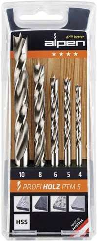Alpen Holz-Spiralbohrer-Set 5-teilig in Silber mit Zylinderschaft, Durchmesser: 4 mm, 5 mm, 6 mm, 8 mm und 10 mm - Bild 1