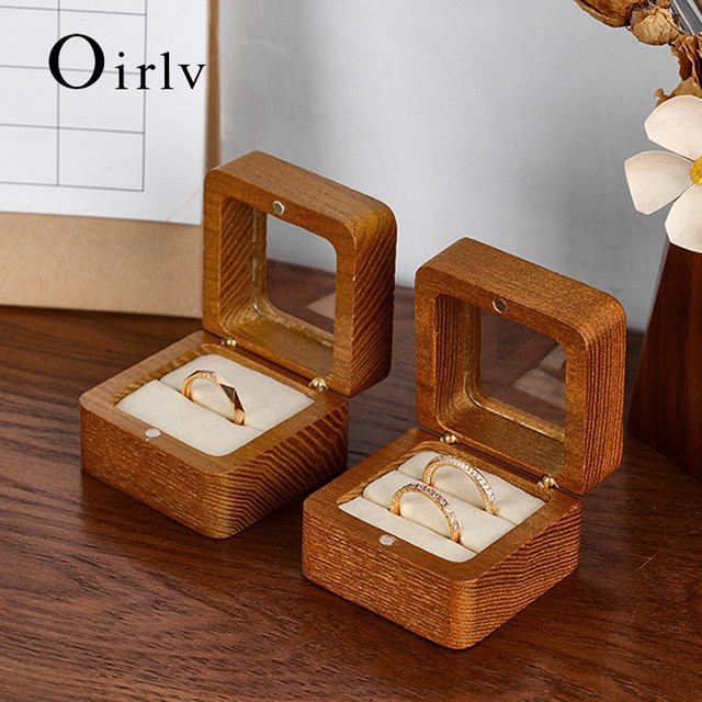 Oirlv Holz-Verlobungsring-Box mit doppelten Fächern in Braun und Grau für Schmuck, Jubiläen und Geschenke - Bild 1