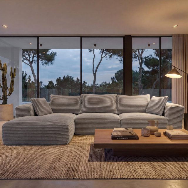 Sofa-Garnitur MCW-P20 Loungesofa als 3-Sitzer in L-Form mit Liegefläche links, Cord-Stoff, Hellgrau - Bild 1
