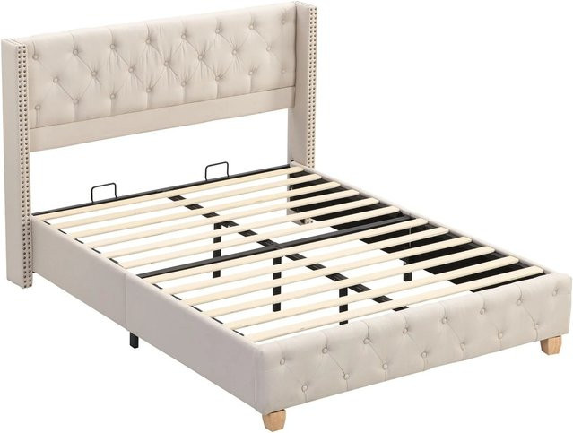 okwish Polsterbett aus Leinen mit Knopfpolsterung in Beige, B/T/H: 160 x 200 x 108 cm - Bild 1