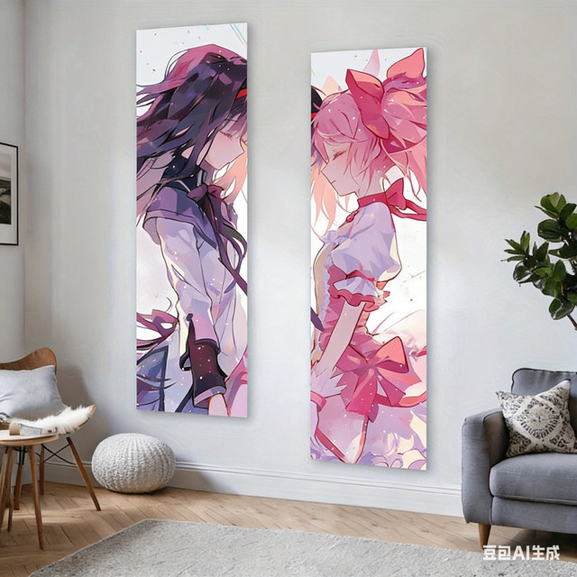 Vertikaler Wandteppich Sweet Magic Girl Madoka im Portrait-Stil, mehrfarbiger Anime-Wandteppich aus Textil - Bild 1