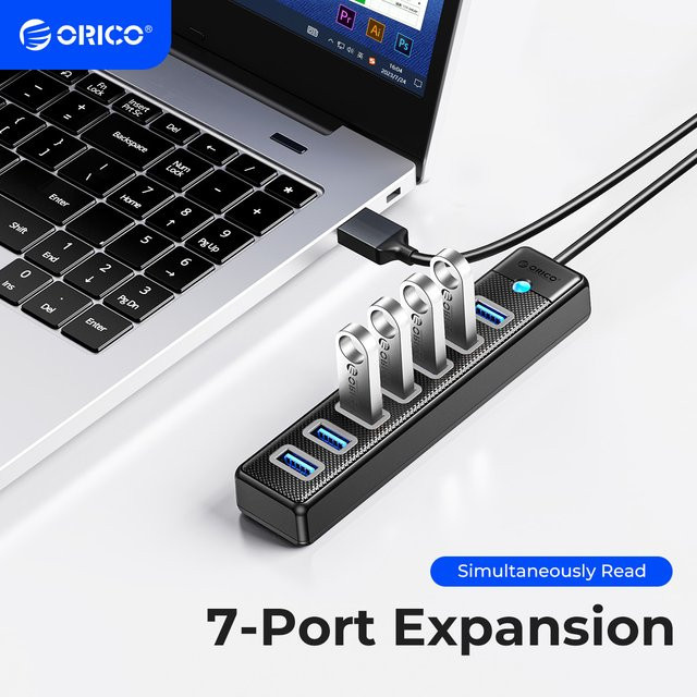 ORICO USB 3.0 Hub mit 7 Ports als USB-C Splitter für Laptop und Computer, Schwarz - Bild 1