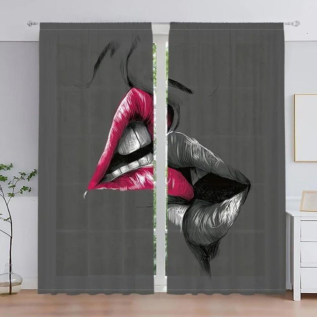 2er-Set halbtransparente Polyester-Vorhänge mit Lippen-Print in Grau, Breite: 50 cm, Höhe: 50 cm - Bild 1