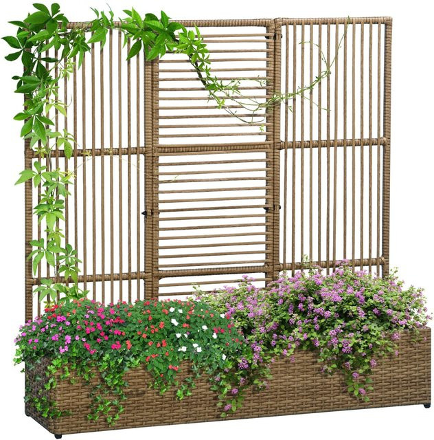 Outsunny Polyrattan Hochbeet mit Rankgitter und Blumenkasten in Sand für Garten, Balkon und Terrasse, B/T/H: 103 x 103 x 29 cm - Bild 1