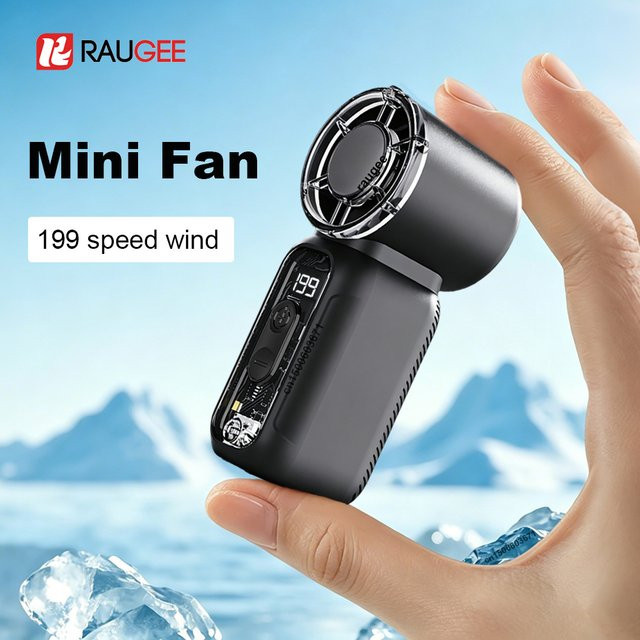raugee Mini-Handventilator in Schwarz, tragbarer USB-aufladbarer Taschenventilator mit digitaler Anzeige - Bild 1