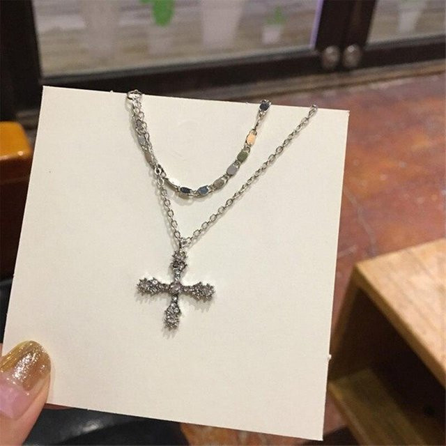 Halskette Doppel Schicht Zirkon Kreuz Charme, 925 Silber, Damen - Bild 1