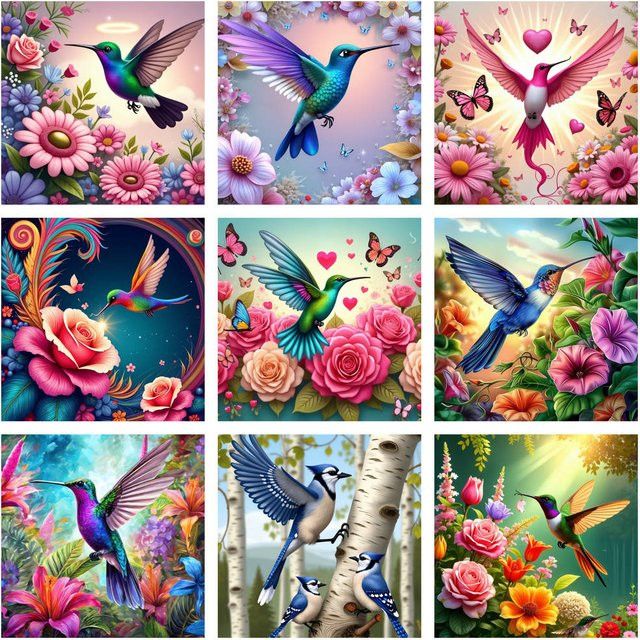 AZQSD 5D Diamantgemälde zum Selbermachen Kolibri und Blumen mit runden Diamant-Strass-Steinen als künstlerisches Bild zur Heimdekoration - Bild 1