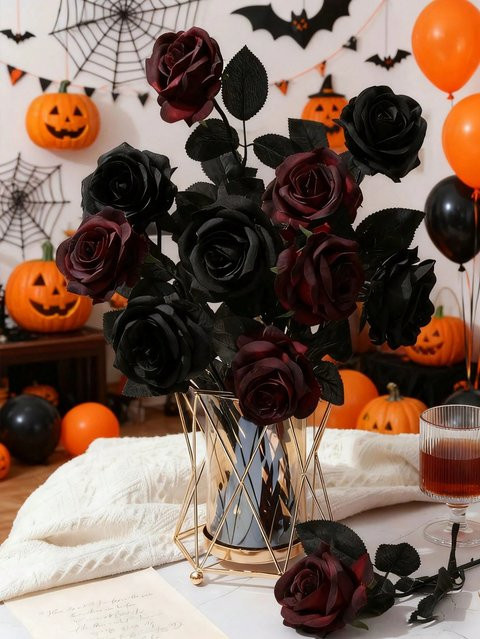 Uflower Künstliche Seidenrosen in Weinrot und Schwarz für Halloween, Hochzeit und Dekoration, 50 cm - Bild 1
