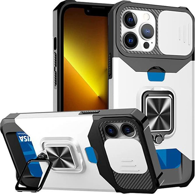 Bai Fen Bai-Digital 3C Schutzhülle für iPhone mit Schiebekamera-Abdeckung, Kartenhalter und Ringständer in Weiß - Bild 1