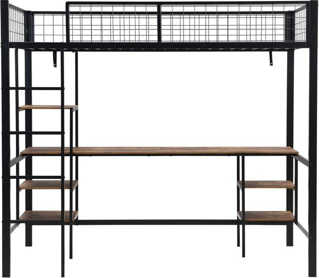 KOMHTOM Etagenbett für Kinder aus Eisen und Holz mit Tisch, Regal und vierstufiger Leiter, Schwarz und Dunkelbraun, B/T/H: 90 x 200 x 180 cm - Bild 1
