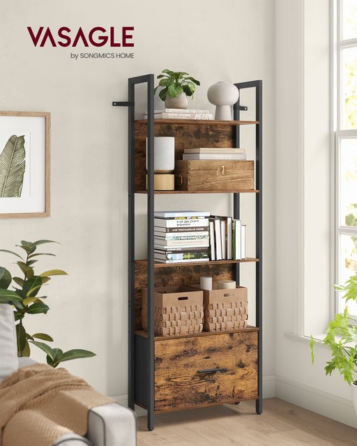 VASAGLE Bücherregal mit 5 Ebenen und Schublade im Industrial-Design, Eckregal aus Holz und Metall in Braun und Schwarz - Bild 1