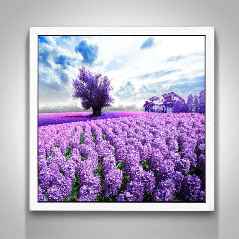 FIYO Diamond Painting Lavendel Blumen Landschaft DIY Kreuzstich Mosaik, Farbe: Lila, B/H: 30 x 30 cm - Bild 1