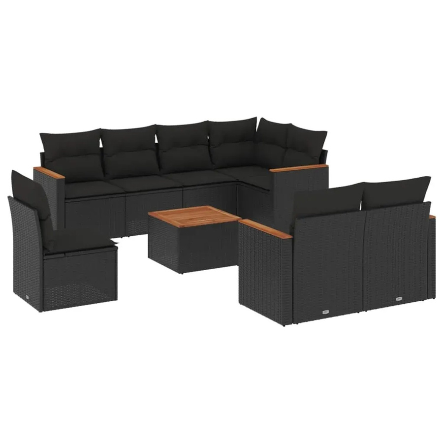 vidaXL 9-teilige Garten-Sofagarnitur aus Poly-Rattan und Akazienholz in Schwarz mit Kissen - Bild 2