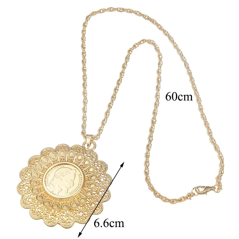 Napoleon Halskette, Runder Münzanhänger in Blumenform, Messing, Gold, Damen, 60 cm - Bild 5