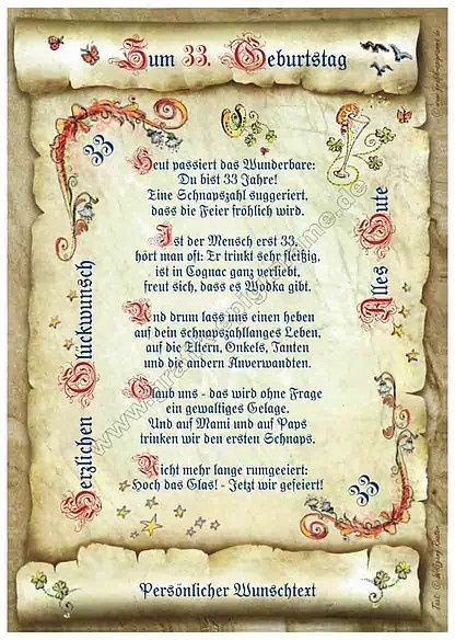 Personalisierte Urkunde zum 33. Geburtstag von tantum graphic in Vintage-Optik mit Wunschtext - Bild 1
