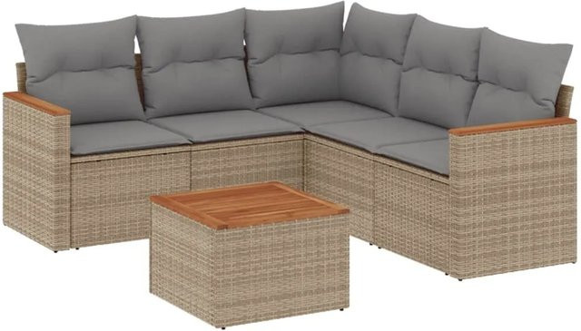 vidaXL 6-teilige Garten-Sofagarnitur aus Poly-Rattan und Akazienholz in Beige mit Kissen - Bild 1