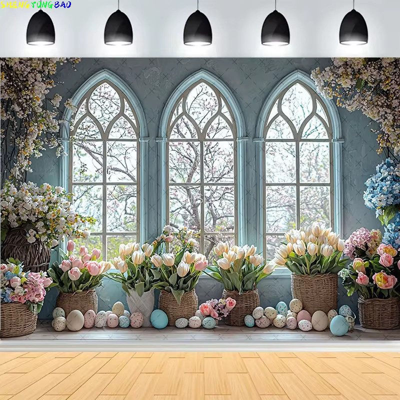ZHISUXI Ostern Fotohintergrund mit bunten Eiern und Kaninchen für Frühlings- und Babyfotografie, Mehrfarbig - Bild 1