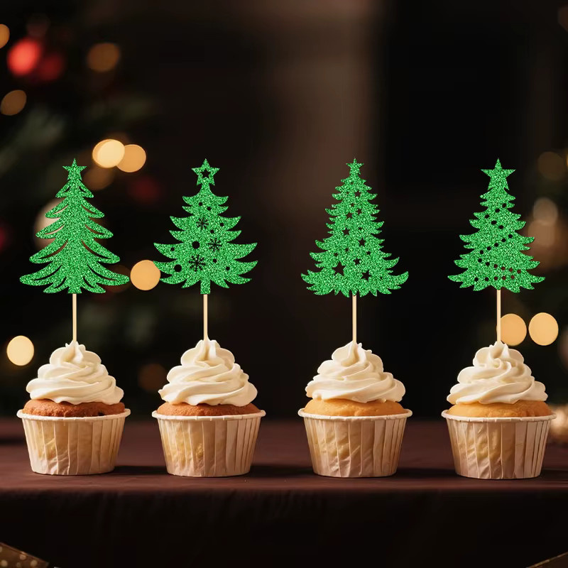 YOMDID 24 Stück Weihnachtsbaum-Cupcake-Topper in Grün, glitzernde Weihnachtsbaum-Kuchendekorationen im Winter-Thema als Cupcake-Picks - Bild 3