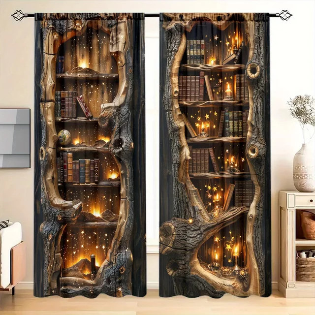 VOZMIO 2er-Set dekorative Vorhänge mit Baumloch-Bücherregal-Print, blickdichte Stoffpaneele in Mehrfarbig - Bild 1