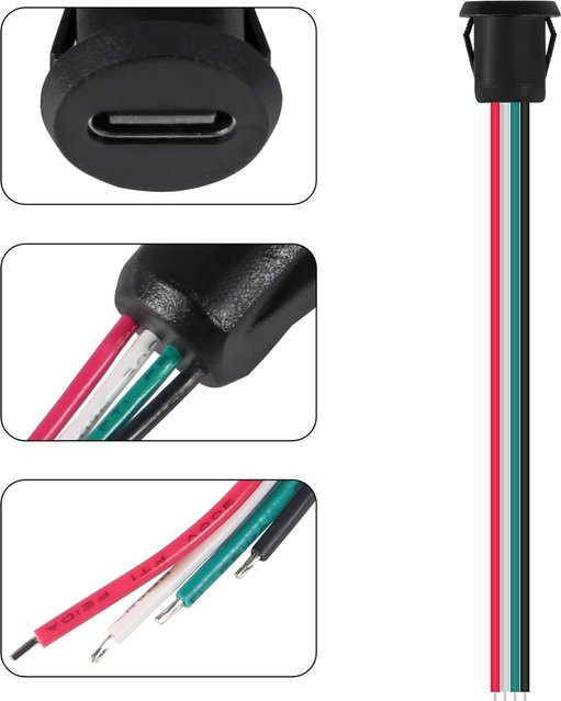 AOKIN 8er Set USB-C Weibliche Chassis 4-Pin Wasserdichte USB-C Ladebuchsen in Schwarz ohne Terminal für Direkt-Crimp-Verbindung - Bild 1