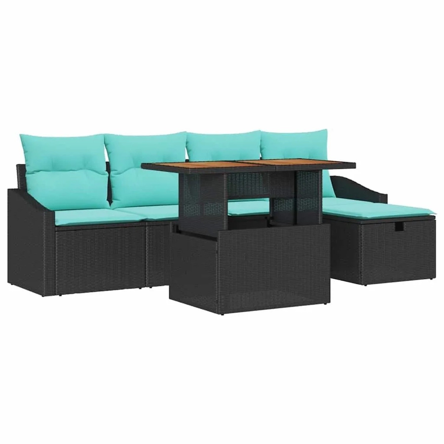 vidaXL Gartensofa-Set aus Poly-Rattan in Schwarz, 6-teiliges L-Shape Lounge-Set mit Kissen, Mittelbank, zwei Armsofas, Fußhocker und höhenverstellbarem Tisch - Bild 2