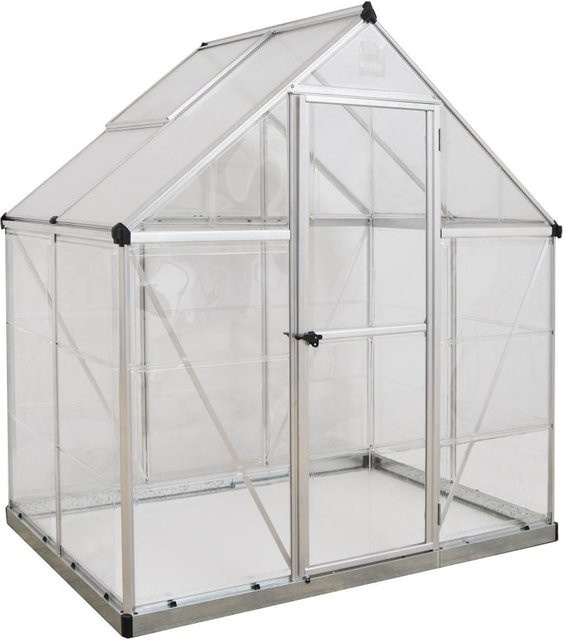 Palram Gewächshaus Hybrid Silver mit Schiebetafel aus Polycarbonat, 4x Schwerlastregal und Gewächshaus-Clips, Farbe: Silber, L x B x H: 126 x 185 x 208 cm - Bild 1
