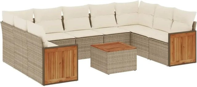 vidaXL 10-tlg. Garten-Sofagarnitur in L-Form aus Polyrattan mit Kissen und Couchtisch, Beige - Bild 1
