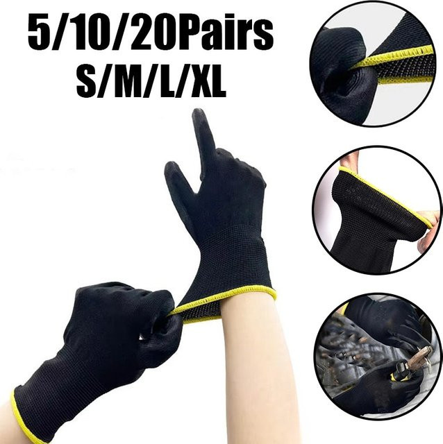 Schwarze Sicherheitsarbeitshandschuhe aus atmungsaktivem Nylon mit rutschfester PU-Beschichtung für Gartenarbeit, Holzbearbeitung und Industrie - Bild 1