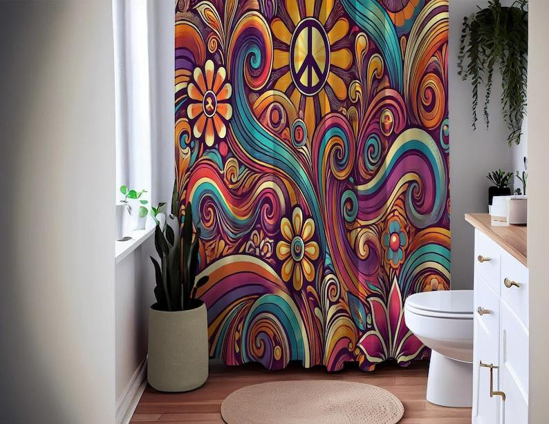 Dunika Chen Hippie-Duschvorhang im Retro 70er Jahre Stil mit Friedenszeichen und bunten Wirbelmustern, Boho Badezimmer Deko, Farbe: Multicolour, Breite: 90 cm, Höhe: 180 cm - Bild 2