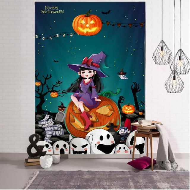Super Six Halloween Tapisserie mit Hexe und Kürbis in Blau, Boho Psychedelic Wandbehang mit Cartoon-Muster, Breite: 95 cm, Höhe: 70 cm - Bild 1