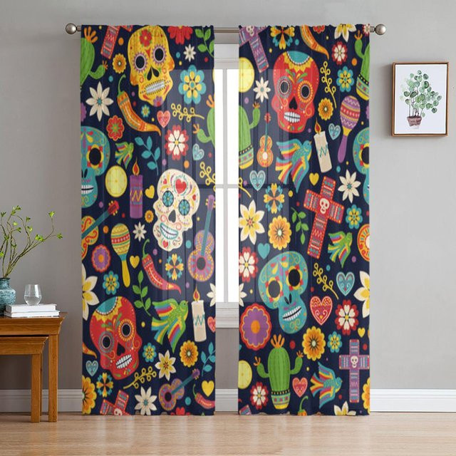 Super Six Dia De Los Muertos Totenkopf-Vorhang aus transparentem Tüll in Blau, Breite: 135 cm, Höhe: 114 cm - Bild 1