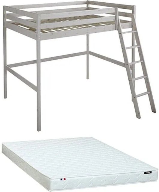Vente-unique Hochbett Gedeon aus Massivholz Kiefer in Weiß, B/T/H: 140 x 190 cm - Bild 1