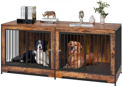 VEVOR Hundekäfig Möbel für 2 Hunde, Doppel-Hundebox aus Holz mit Trennwand und Doppeltüren als Beistelltisch für große Hunderassen, Braun, B: 190,1 cm, T: 67,0 cm, H: 82,4 cm