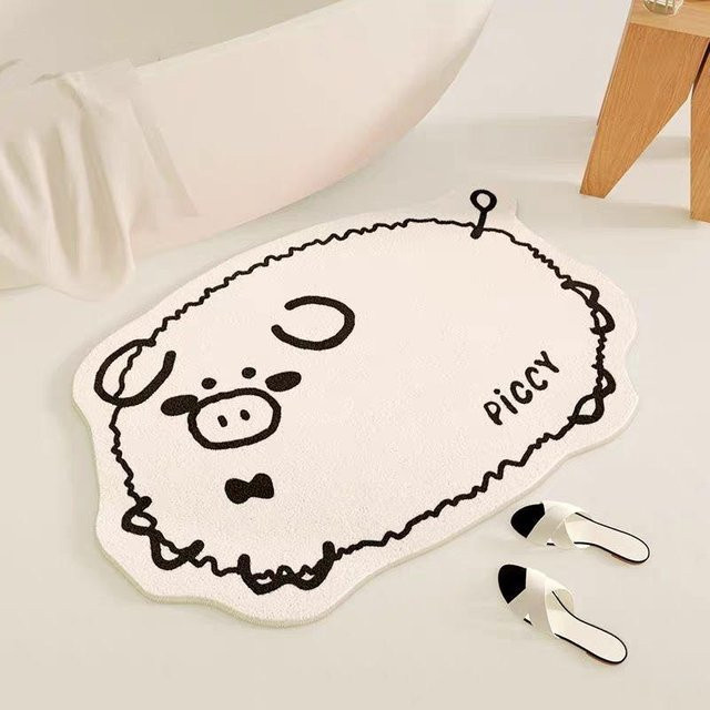 Rutschfeste Badezimmer Bodenmatte mit Schweinchen-Motiv aus Imitationskaschmir, weiß, B/T: 60 x 40 cm - Bild 1