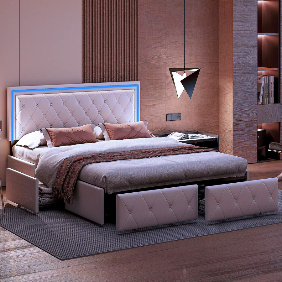 Anajqaqia Doppelbett mit 4 Schubladen aus gepolstertem PU-Leder in Beige, B/T/H: 160 x 200 cm - Bild 5